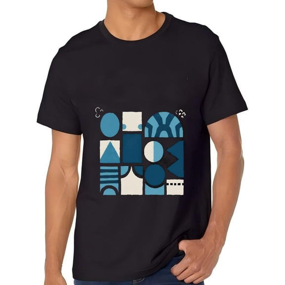 Men's Cotton Short Sleeve T-Shirt - Abstract Geometric Design in Blue & White Modern Playful Shapes Stylish Tee Top
