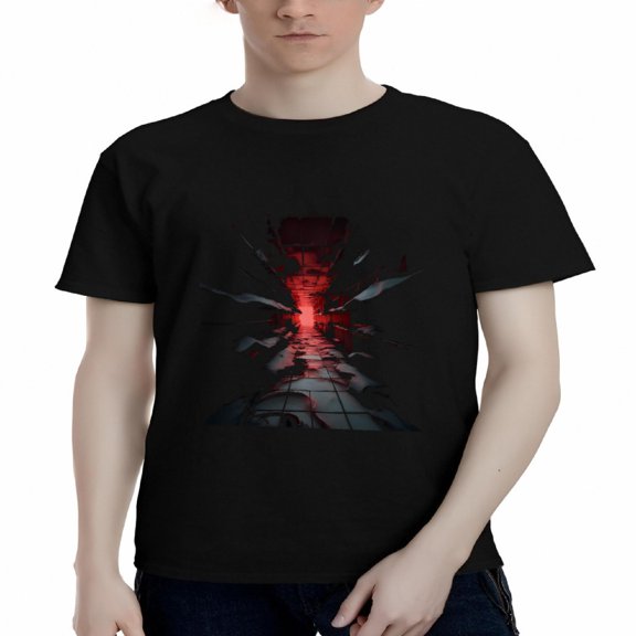 Men's Cotton Short Sleeve T-Shirt - Abstract Red & Black Shattered Glass Design Dynamic Depth & Movement Stylish Tee Top
