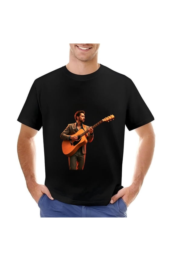 Men's Cotton Short Sleeve T-Shirt - Acoustic Guitar Player in Suit Design Focused Expression Graphic Tee Perfect for Music Lovers