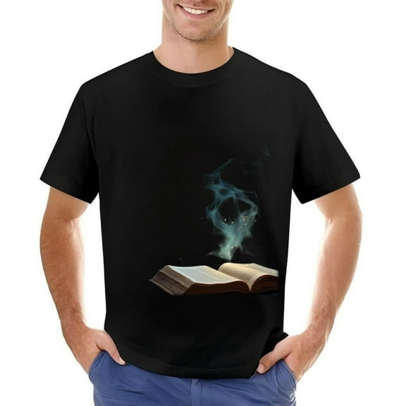 Men's Cotton Short Sleeve T-Shirt - Artistic Open Book Design with Mystical Smoke Pattern - Enchanting Graphic Tee