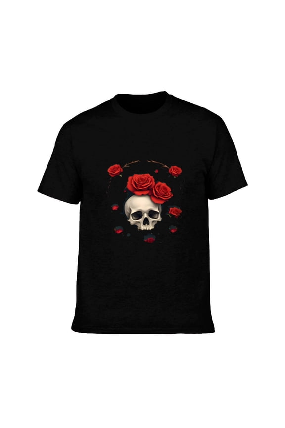 Men's Cotton Short Sleeve T-Shirt - Artistic Skull with Red Roses & Petals Design on Black Background - Unique Graphic Tee