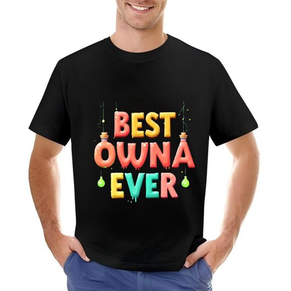 Men's Cotton Short Sleeve T-Shirt - " BEST OWNA " Colorful Dripping Text with Light Bulbs Design - Fun & Creative Graphic Tee