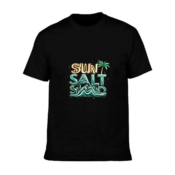 Men's Cotton Short Sleeve T-Shirt - Beachy " SUN SALT SAND " Graphic Tee with Palm Tree Waves & Colorful Ocean Design