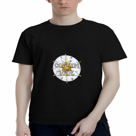 Men's Cotton Short Sleeve T-Shirt - Black Tee with Bold ' COAKEN LODE ' Compass Pattern Stylish Yellow Radiating Lines