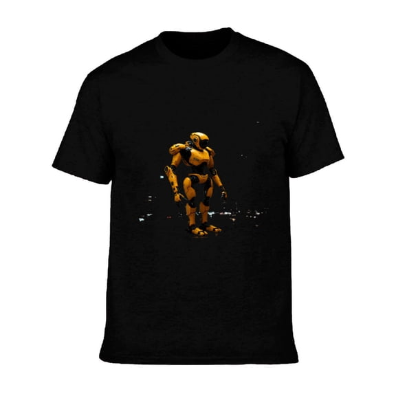 Men's Cotton Short Sleeve T-Shirt - Black Tee with Bold Orange & Black Humanoid Robot Graphic Design Stylish Casual Wear