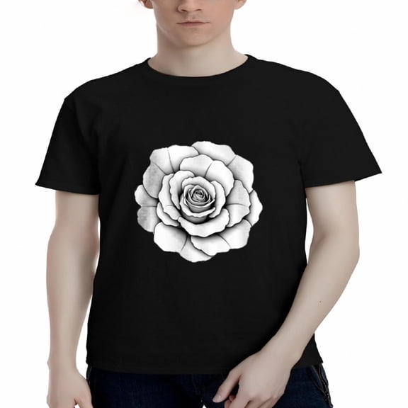 Men's Cotton Short Sleeve T-Shirt - Black Tee with Detailed White Rose Illustration - Stylish Monochrome Design