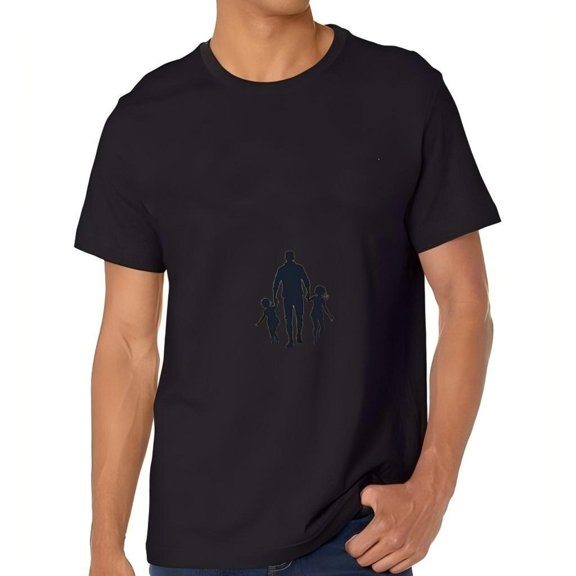 Men's Cotton Short Sleeve T-Shirt - Black Tee with Lightly Outlined of Adult Walking Together - Unique Family Design
