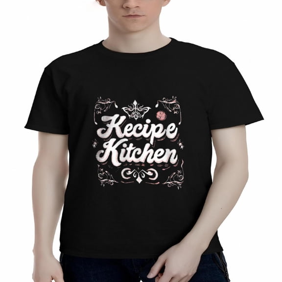 Men's Cotton Short Sleeve T-Shirt - Black Tee with ' Recipe Kitchen ' Floral Design in White & Pink Stylish and Unique Graphic Top