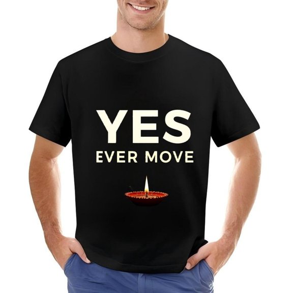 Men's Cotton Short Sleeve T-Shirt - Black Tee with ' YES MOVE ' Text & Lit Lamp Graphic Design