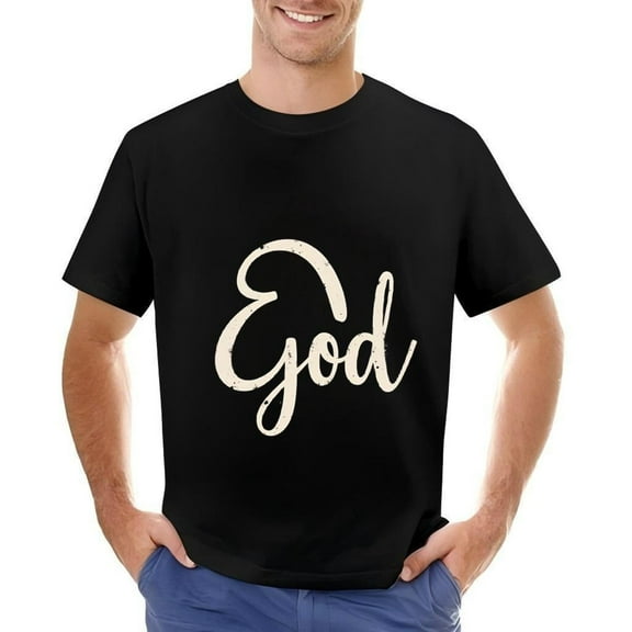 Men's Cotton Short Sleeve T-Shirt - Black with White Cursive ' God ' Design Casual Round Neck Tee