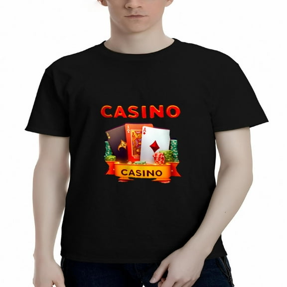 Men's Cotton Short Sleeve T-Shirt - Bold ' CASINO ' Graphic with Playing Cards Chips - Casino Theme Tee Top