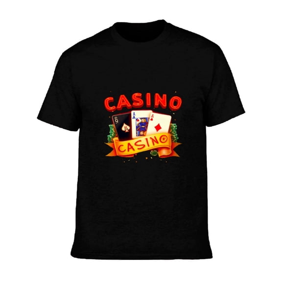 Men's Cotton Short Sleeve T-Shirt - Bold ' CASINO ' Graphic with Playing Cards Colorful Banner & Decorative Elements - Theme Tee