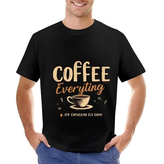 Men's Cotton Short Sleeve T-Shirt - Bold ' COFFEE Everything ' Design with Coffee Cup Illustration & Decorative Elements