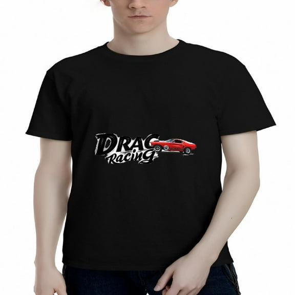 Men's Cotton Short Sleeve T-Shirt - Bold ' DRAG RACING ' Graphic with Red Sports Car Design - Sporty Tee Top for Car Enthusiasts