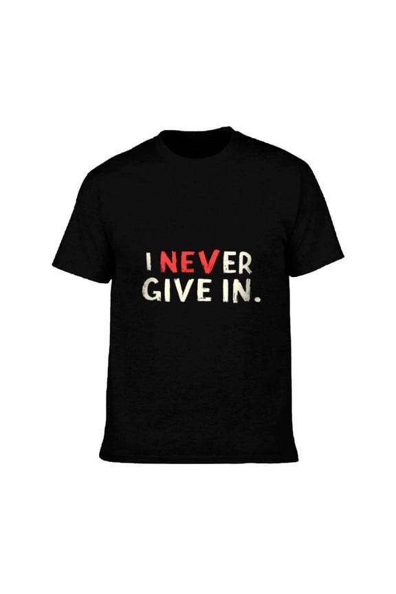 Men's Cotton Short Sleeve T-Shirt - Bold " I NEVER GIVE IN " Statement Tee Centered Uppercase Design Red & White Contrast