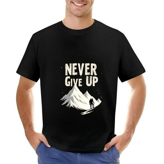 Men's Cotton Short Sleeve T-Shirt - Bold ' NEVER GIVE UP ' Mountain Design White Text on Black Background