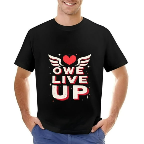 Men's Cotton Short Sleeve T-Shirt - Bold " OWE LIVE UP " Design with Heart & Wings Graphic - Black Tee
