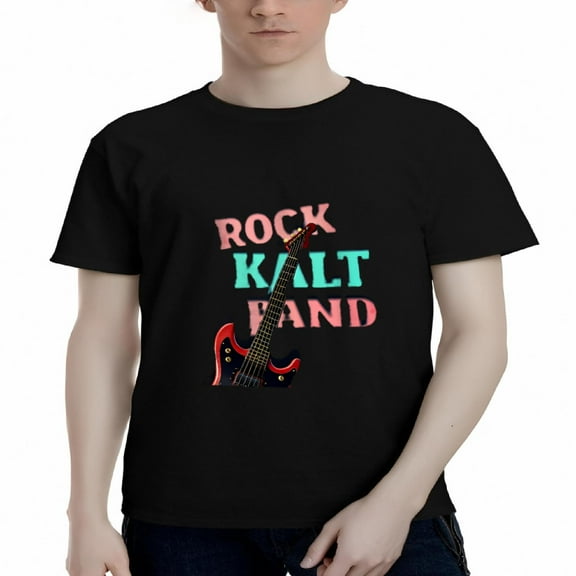 Men's Cotton Short Sleeve T-Shirt - Bold " ROCK KULT BAND " Graphic in Pink & Teal with Red Electric Guitar Illustration