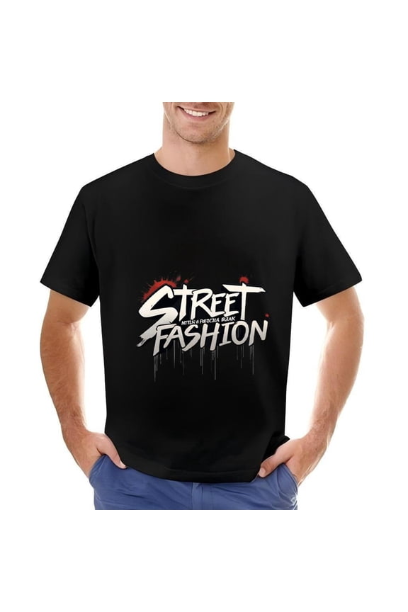 Men's Cotton Short Sleeve T-Shirt - Bold " STREET FASHION " Design with Dripping White Text & Red Splash - Stylish Casual Wear