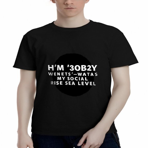 Men's Cotton Short Sleeve T-Shirt - Bold White Circle Design with Fun Text: " I ' M ' 30BZY WENETS - WATAS MY SOCIAL RISE SEA LEVEL "