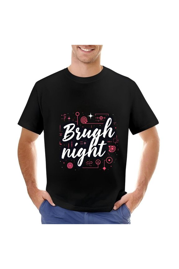 Men's Cotton Short Sleeve T-Shirt - " Bruugh Night " White Cursive Text with Abstract Geometric Shapes in Pink & White - Modern Tech-Inspired Design