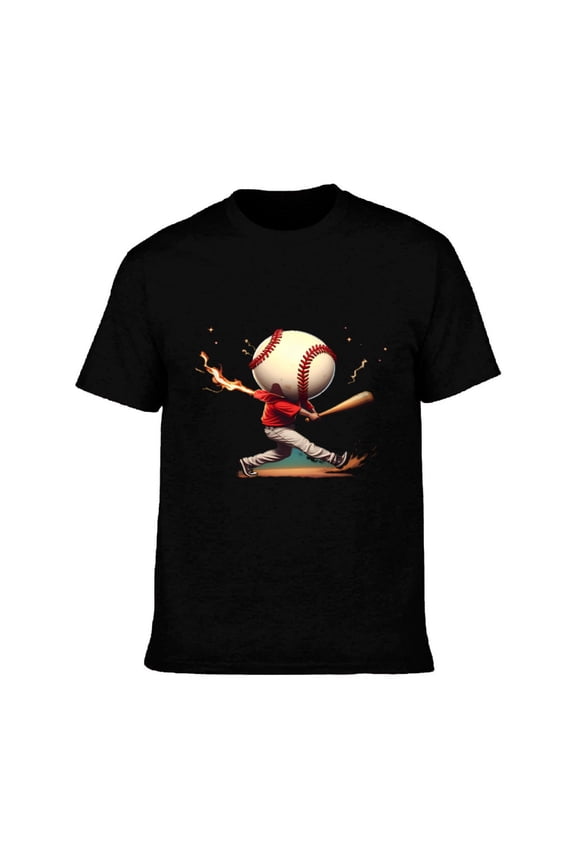 Men's Cotton Short Sleeve T-Shirt - Cartoon Baseball Swing Design Vibrant Colors Fun Graphic Tee for Sports Enthusiasts