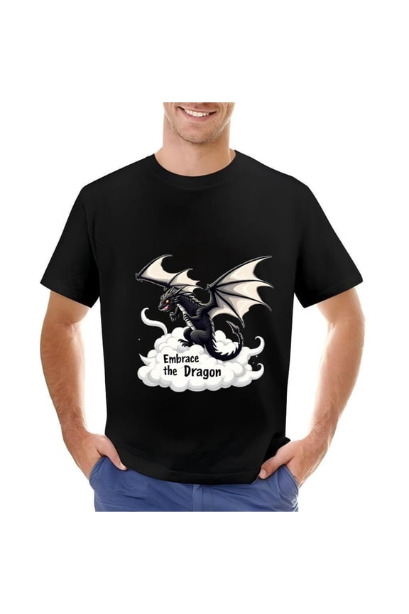 Men's Cotton Short Sleeve T-Shirt - Cartoon Black Dragon with White Wings ' Embrace the Dragon ' Design Fierce Expression Glowing Eyes