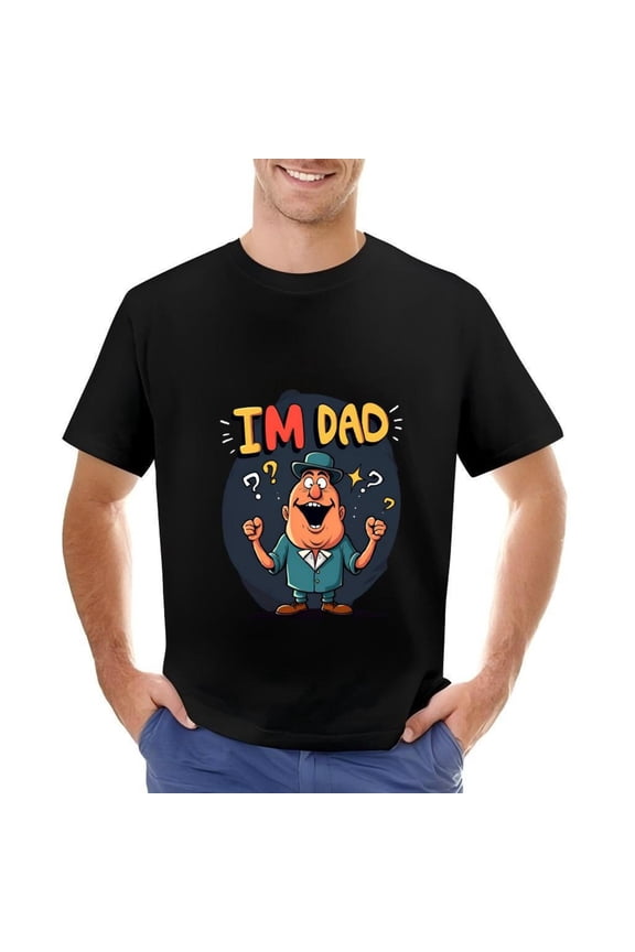 Men's Cotton Short Sleeve T-Shirt - Cartoon Character ' I ' M DAD ' Design with Triumphant Pose Colorful Text & Fun Question Marks