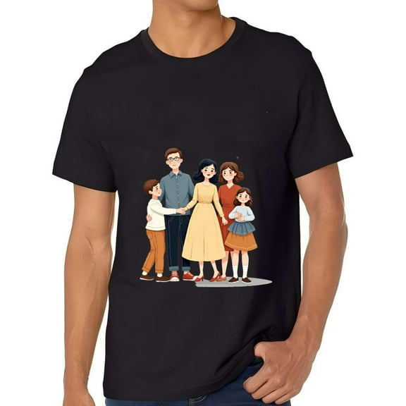 Men's Cotton Short Sleeve T-Shirt - Cartoon Family Design with Smiling Characters in Blue Yellow Red and Orange - Fun Graphic Tee Top
