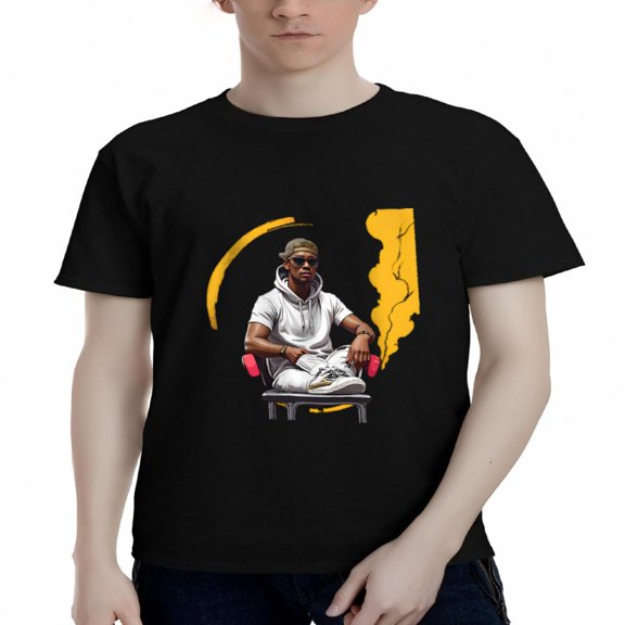 Men's Cotton Short Sleeve T-Shirt - Cartoon Skateboarder Design with Yellow Smoke Effect Casual Tee for Street Style Enthusiasts