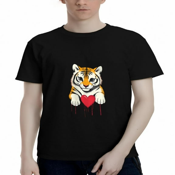 Men's Cotton Short Sleeve T-Shirt - Cartoon Tiger with Dripping Red Heart Design Playful and Eye - Catching Graphic Tee