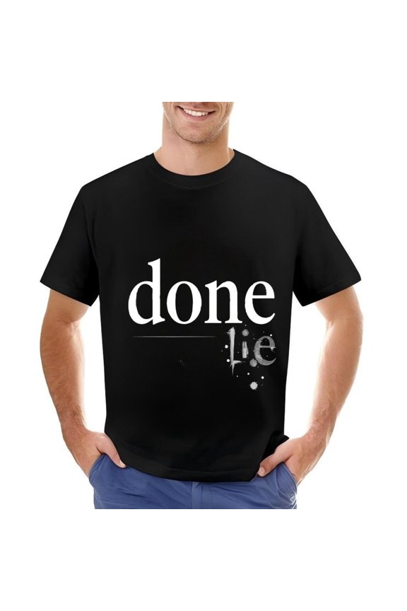Men's Cotton Short Sleeve T-Shirt - Casual Black Tee with ' done ' in Bold White and ' lie ' Design Artistic Splatter Pattern