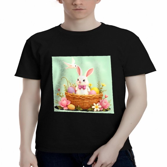 Men's Cotton Short Sleeve T-Shirt - Cheerful Rabbit Design with Colorful Flowers & Easter Eggs Perfect for Spring Celebrations