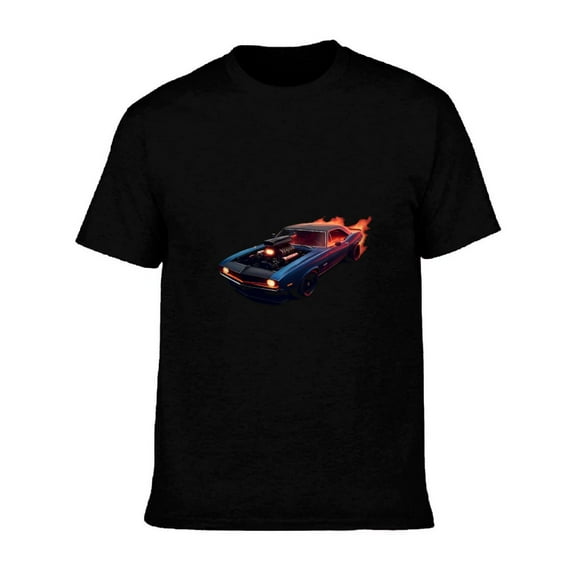 Men's Cotton Short Sleeve T-Shirt - Classic Muscle Car Graphic Tee with Flames & Bright Headlights Sporty Casual Style