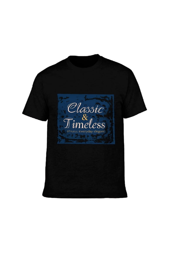 Men's Cotton Short Sleeve T-Shirt - Classic Navy Square Design with Cursive Text Distressed Look Everyday Elegance Tee