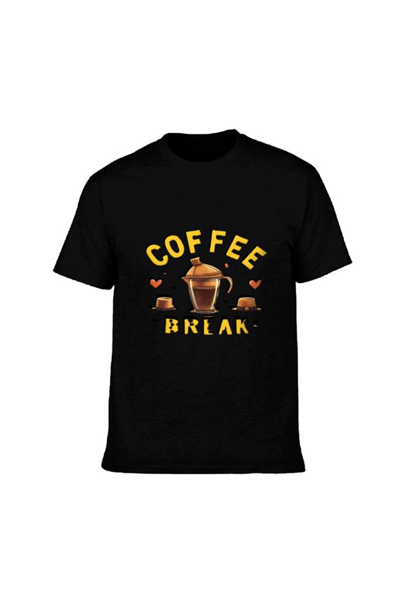 Men's Cotton Short Sleeve T-Shirt - Coffee Maker Graphic Tee with ' COFFEE BREAK ' Text & Orange Hearts - Relaxation Theme