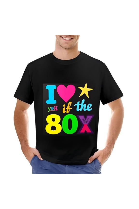 Men's Cotton Short Sleeve T-Shirt - Colorful 80s Graphic Design with " I Love if the 80s " Text Retro Vibe