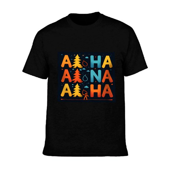 Men's Cotton Short Sleeve T-Shirt - Colorful ' A ' & ' H ' Pattern with Stylized Tree & Person Design - Nature-Inspired Tee
