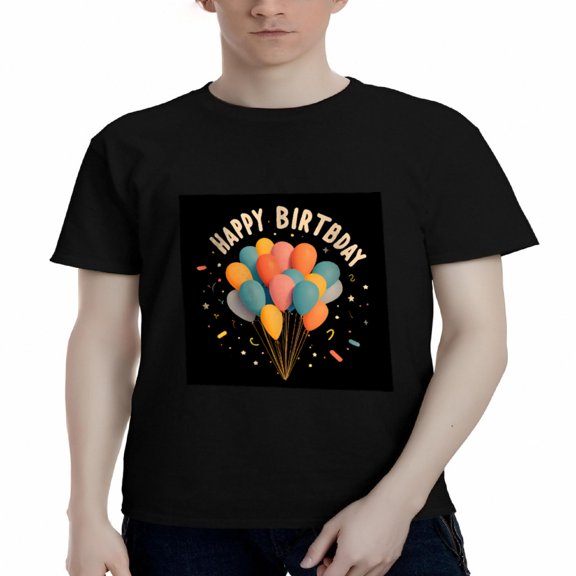 Men's Cotton Short Sleeve T-Shirt - Colorful Balloon Graphic with ' HAPPY BIRTHDAY ' Text - Fun Party Tee in Black