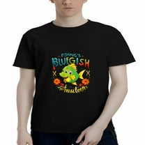 Men's Cotton Short Sleeve T-Shirt - Colorful Cartoon Fish Design with Flowers & Fishing Rods - " Fishing ' s Bluegish " Tee