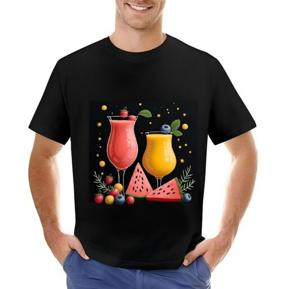 Men's Cotton Short Sleeve T-Shirt with Colorful Drink Illustration & Fruit Design - Vibrant Glasses Strawberries Blueberries Watermelon on Dark Background