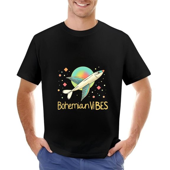 Men's Cotton Short Sleeve T-Shirt - Colorful Flying Fish in Space Design with Stars & Gradient Planet - Vibes Graphic Tee