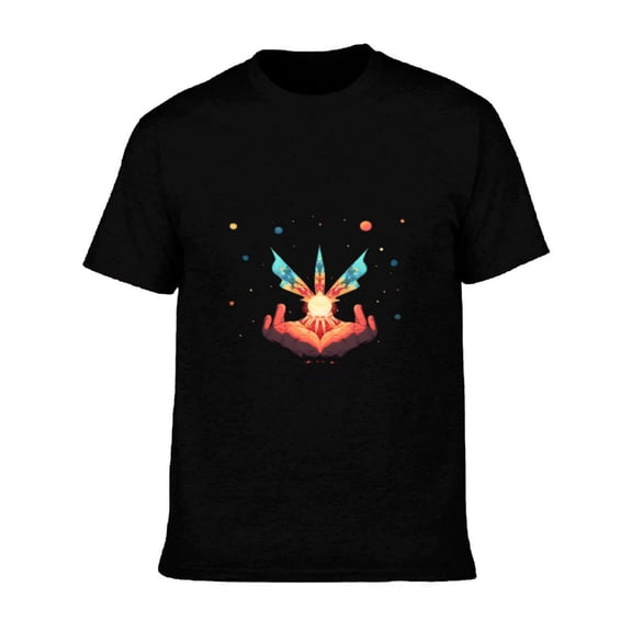 Men's Cotton Short Sleeve T-Shirt - Colorful Graphic of Hands Cupping a Glowing Orb with Dots on Black Background