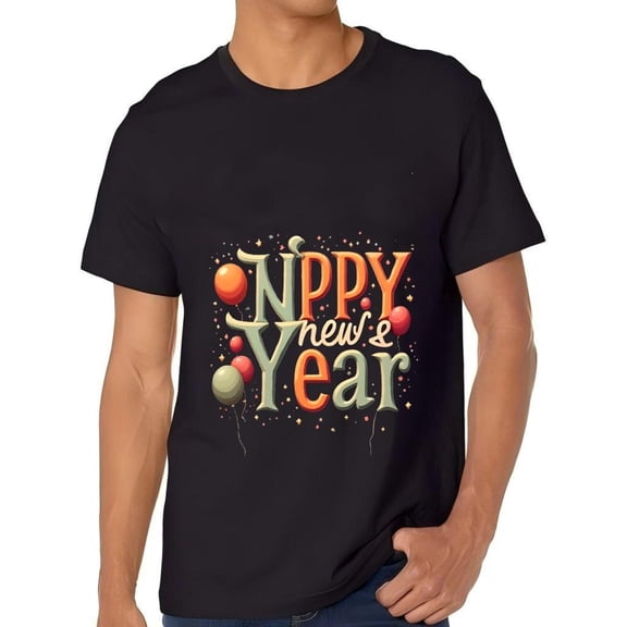 Men's Cotton Short Sleeve T-Shirt - Colorful ' Happy New Year ' Design with Balloons & Sparkles