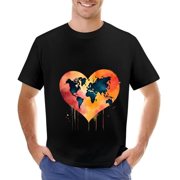 Men's Cotton Short Sleeve T-Shirt with Colorful Heart - Shaped World Map Design Vibrant Gradient Colors Dripping Effects Global & Environmental Consciousness