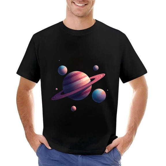 Men's Cotton Short Sleeve T-Shirt with Colorful Planet Design - Vibrant Space Graphic Tee Featuring Large Ringed Planet and Colorful Bodies on Dark Background