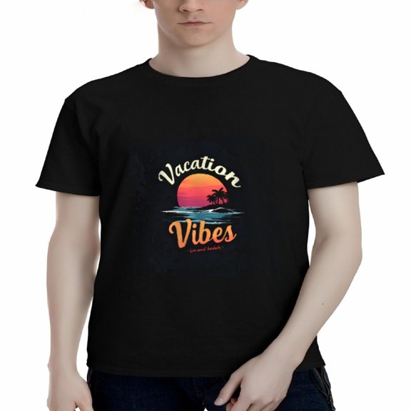 Men's Cotton Short Sleeve T-Shirt - Colorful Sunset Ocean Design with Palm Tree ' Vacation Vibes ' Graphic Tee Island Escape Style