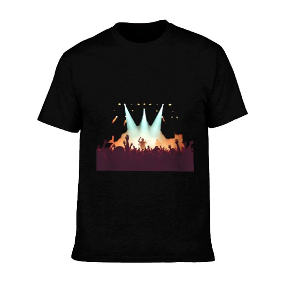 Men's Cotton Short Sleeve T-Shirt - Concert Scene Graphic with Bright Stage Lights & Silhouetted Crowd - Vibrant Warm Colors