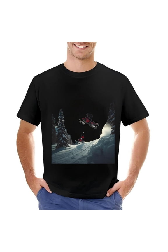 Men's Cotton Short Sleeve T-Shirt - Cool Snowmobile Jump Design Winter Graphic Tee Perfect for Outdoor Enthusiasts