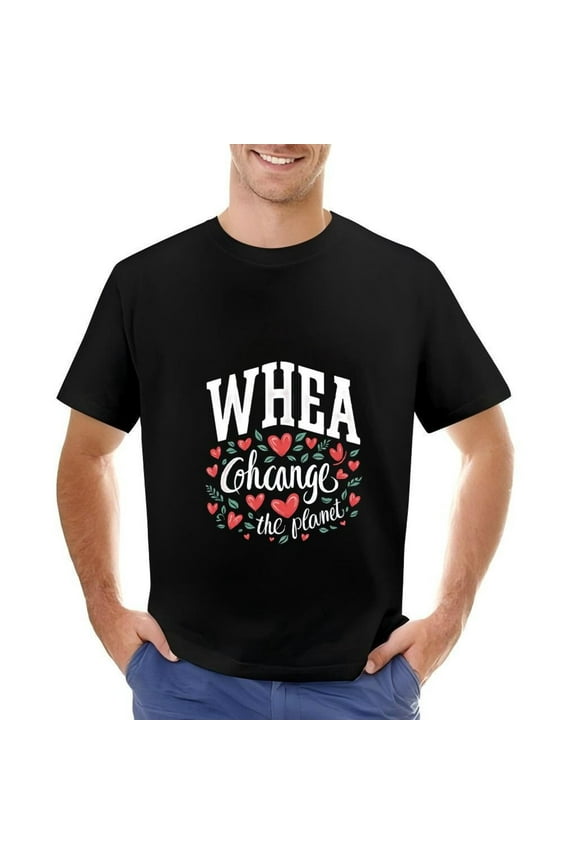 Men's Cotton Short Sleeve T-Shirt - Design with ' WHEA ' and ' Change the Planet ' Text Surrounded by Red and Green Hearts and Leaves